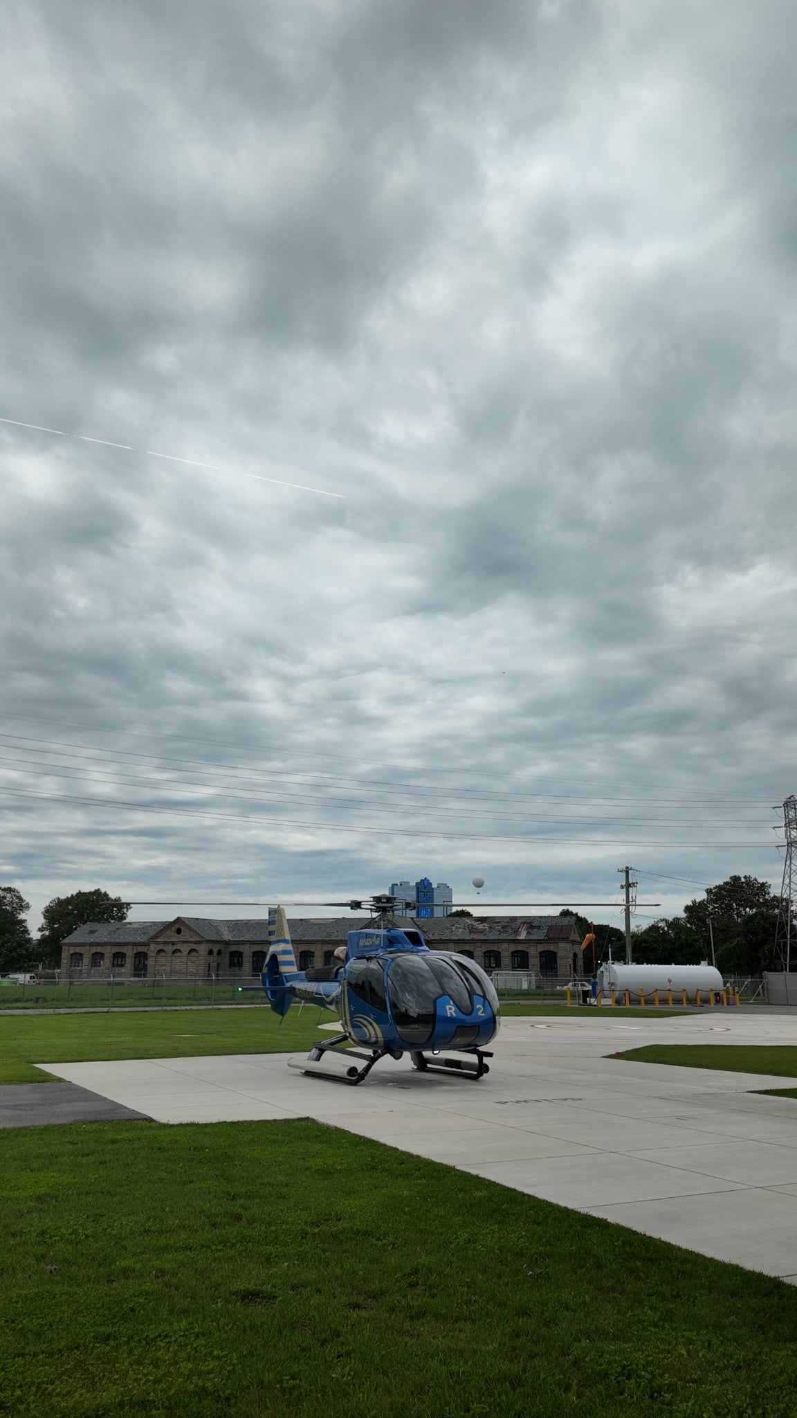 Rainbow Air helicopter on the helipad in Niagara Falls, New York, before our flight
