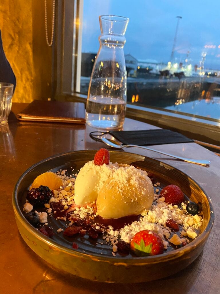 Dessert with ice cream at Kopar in Reykjavík